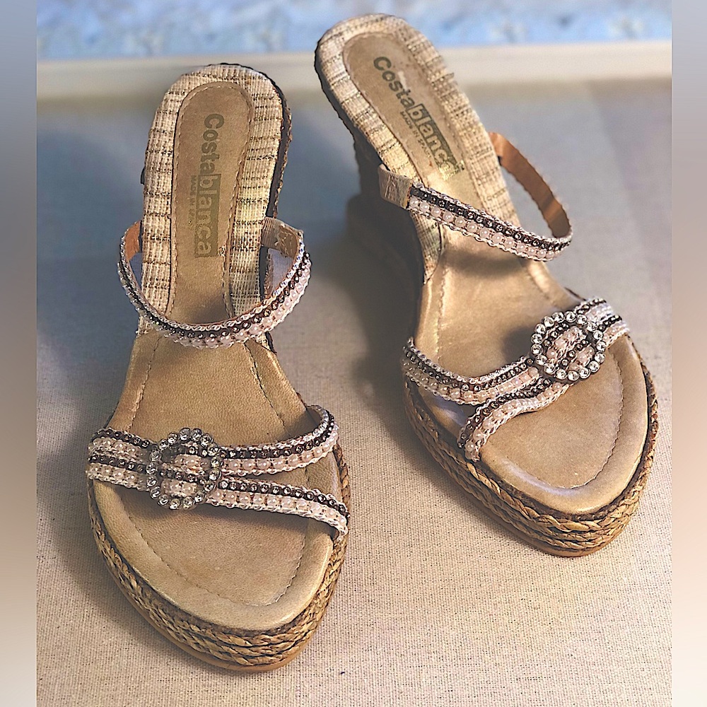 Costa Blanca Strappy Wedge Sandals With Rhinestone And Pearl Accents. Size 7 1/2 - Picture 10 of 14